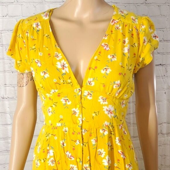 Urban Romantics Goldenrod Floral Print Plunge Neck Elastic Waist Spring Dress - Picture 9 of 15